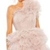 Person wearing the Tulle Ruffle One Shoulder Mini Dress in blush pink, featuring layered tulle details and ruffled accents.