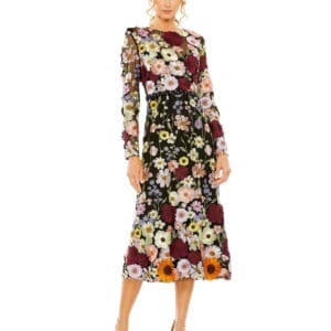 A woman in a High Neck Floral Embroidered A-Line Dress stands on a white background, wearing clear strap high-heeled sandals.