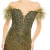 A person in a sleeveless, green feathered gown with crystal embellishments.