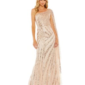 A person wearing the Rose Gold One Shoulder Cape Sleeve Embellished Gown, adorned with sequins and a geometric pattern.