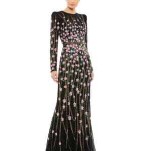 A model in the Embellished High Neck Long Sleeve Gown, featuring black with pink floral patterns, stands against a white background.