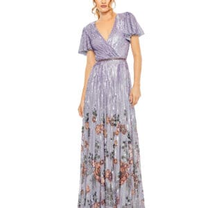 A woman in a Flounce Sleeve V Neck Gown, shimmering lavender with floral patterns and short ruffled sleeves.