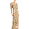 A woman in the Embellished Wrap Over Long Sleeve Column Gown, featuring a gold sequin design with a V-neckline and long sleeves, stands against a plain white background.
