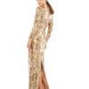 A person in the Embellished Wrap Over Long Sleeve Column Gown, a long gold sequin dress, stands in profile, looking back while wearing high heels.