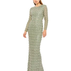 A person wearing a Long Sleeve High Neck Beaded Gown stands against a white background.